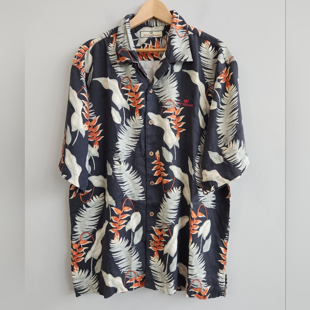 Tommy Bahama Hawaiian Silk Shirt Palm Leaf Embroidered USC TROJANS Size XL